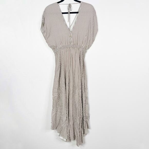 Hale Bob XSmall XS Gadi Twill Striped Midi Dress Taupe White Slit Front Tie Back - Picture 2 of 11